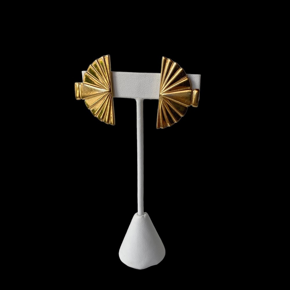 Vintage KARL LAGERFELD Iconic Gold Fan EARRINGS Clip-On Style